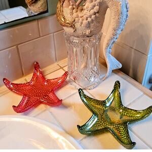 Iridescent Art Glass Starfish Dishes Set Of 2 Red Green Coastal Decor
